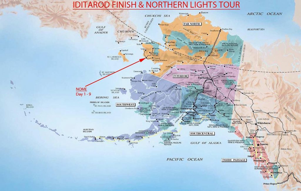 Alaska-Map-Iditarod-Finish-Northern-Lights-Tour