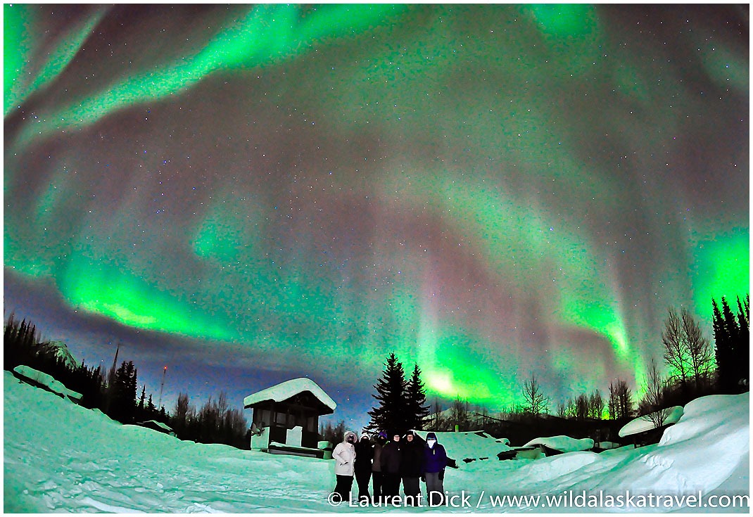 Alaska Northern Lights Tour guests under aurora in Wiseman